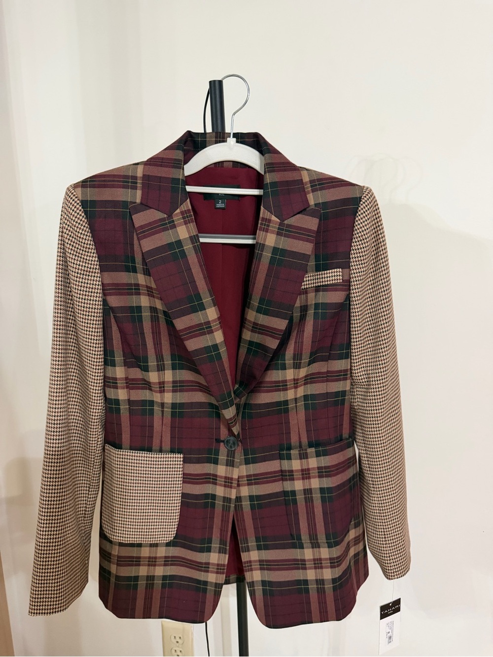 Tahari ASL Burgundy, Tan and Green Plaid Sport Coat with Houndstooth Sleeves